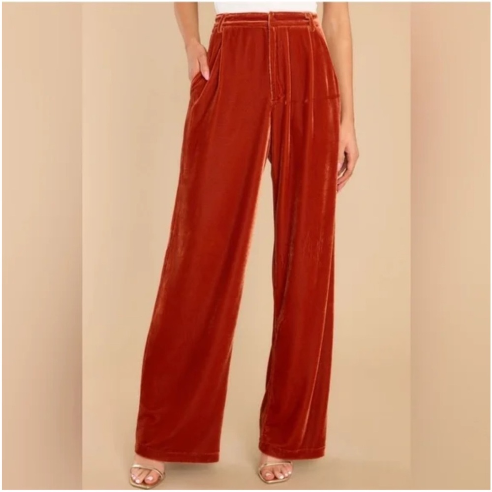 Entro Faux Velvet Womens Rust Orange Wide Leg Pants Boho Autumn Flowy NWT - Picture 2 of 3